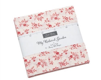 My Redwork Garden Charm Pack for MODA by Bunny Hill Designs - OUT of PRINT - Precut 5" cotton squares