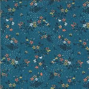 May include: Teal fabric with a floral pattern featuring small white, pink, and yellow flowers with green leaves. The background has a subtle speckled pattern.