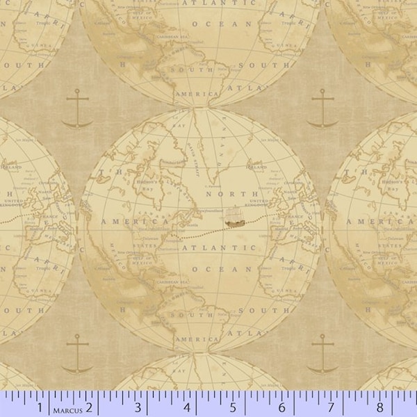 Voyage vers l'Amérique en continu D'une demi-cour Judie Rothermel - Marcus Fabrics - Tissu pour courtepointe en coton beige carte du monde