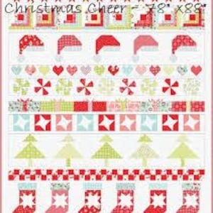 May include: A Christmas-themed quilt with a white background and colorful patchwork designs. The quilt features rows of Santa hats, hearts, pinwheels, gift boxes, stars, Christmas trees, and stockings. The text "Christmas Cheer" is displayed at the top. The quilt measures 78" x 88".