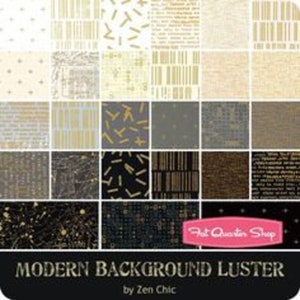 May include: A fabric collection featuring 16 different patterns with a modern background luster. The patterns are a mix of geometric shapes, lines, and textures in shades of black, white, gray, and gold.