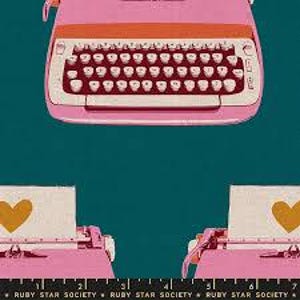 May include: A repeating pattern featuring pink typewriters with white keys and orange accents against a teal background. Each typewriter has a sheet of paper with a gold heart. The bottom of the image has the text "RUBY STAR SOCIETY".
