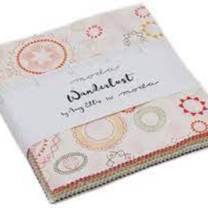May include: A pack of 42 5-inch fabric squares featuring a white background with colourful circles and geometric patterns. The fabric squares are labelled "Wanderlust by Amy Ellis for Moda".