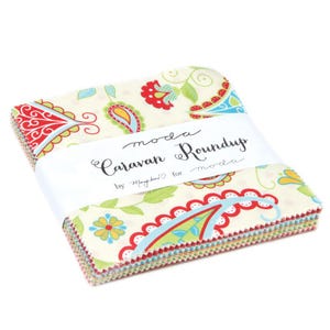 May include: A stack of fabric squares with a cream background and colorful paisley and floral patterns. The fabric is wrapped with a white band that reads "Caravan Roundup" in script. The fabric features red, blue, green, and yellow accents.