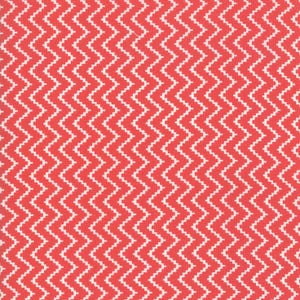 May include: A fabric with a repeating zigzag pattern in coral red and white. The design features a series of connected chevrons, creating a textured, visually dynamic surface. The pattern is evenly spaced and covers the entire fabric.