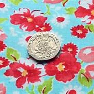 May include: A twenty pence coin rests on a light blue floral fabric. The fabric features a pattern of red and pink flowers with yellow centers, and green leaves. The coin is silver and shows the text "Twenty Pence" and a royal emblem.