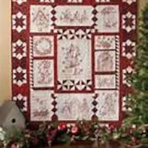 May include: A rectangular quilt featuring a deep red border with white star patterns surrounding a central panel of white fabric blocks. Each block contains intricate red line-art illustrations of holiday scenes, including trees, wreaths, and houses.