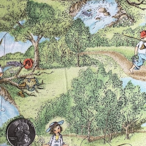 Könnte beinhalten: Eine bunte Illustration von Kindern, die in einem Bach angeln. Die Szene zeigt einen Enten, eine Brücke, Bäume und einen Fischkorb.