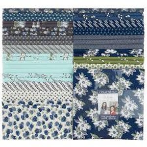 May include: A stack of square fabric swatches featuring a variety of patterns including floral prints, stripes, dots, and geometric designs in shades of navy blue, light blue, white, gray, and olive green, with a Moda brand label on the front.