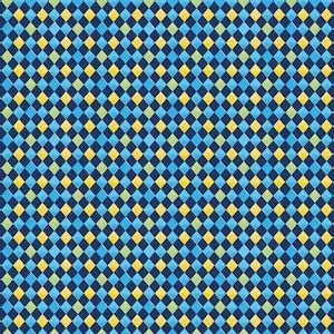 May include: A repeating pattern of small, colorful diamonds. The design features a grid of dark blue diamonds, interspersed with light blue, yellow, and green diamonds, creating a vibrant and geometric visual.
