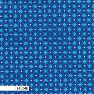 Op de afbeelding: Blauwe stof met een wit sterren- en stippenpatroon.