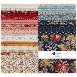 May include: A fabric bundle containing 42 assorted 5-inch squares. The fabric features a variety of floral patterns in shades of red, blue, pink, yellow, and white.