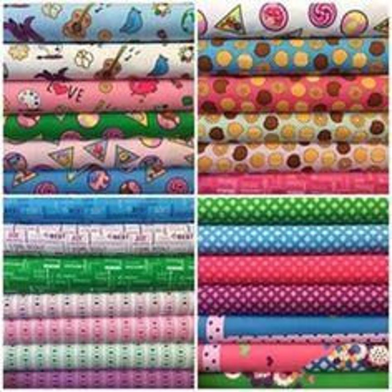 May include: A collection of 12 colorful fabric squares with various patterns, including polka dots, stripes, and whimsical designs. The fabrics are arranged in four rows of three squares each.