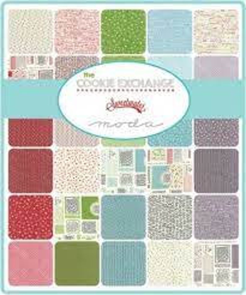 May include: A fabric collection called "The Cookie Exchange" by Sweetwater, featuring 24 different prints with a variety of patterns and colors, including red, green, blue, and white.