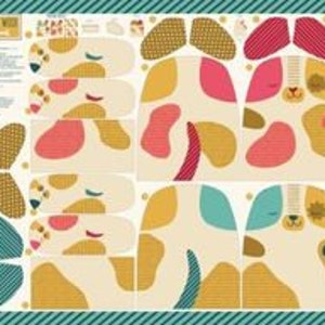 May include: A fabric panel featuring a whimsical dog design with various cut-out shapes. The design includes cream, yellow, pink, and teal elements, with a teal border. The panel is intended for sewing projects.