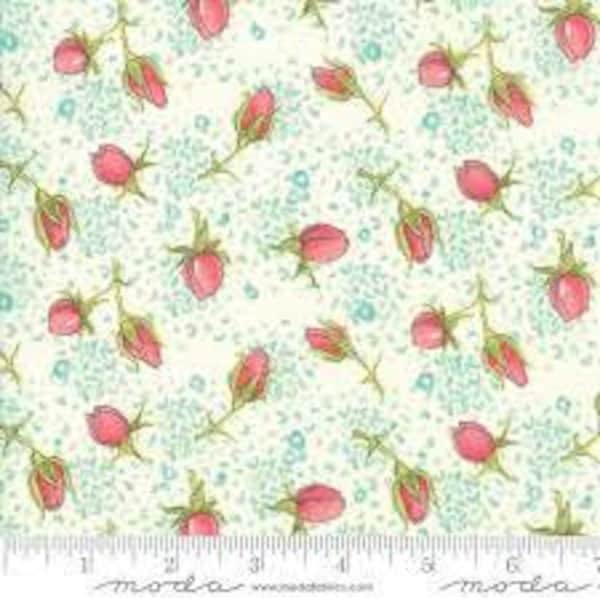 Tessuto di cotone per quilting Abby Rose 1/2 iarda Robin Pickens - Boccioli di rosa color crema - Moda - Fuori produzione - Tessuto di cotone per quilting con motivo floreale color crema