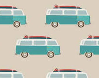 May include: A repeating pattern of teal blue vintage vans with white windows and surfboards on the roof. The vans are on a light beige background.