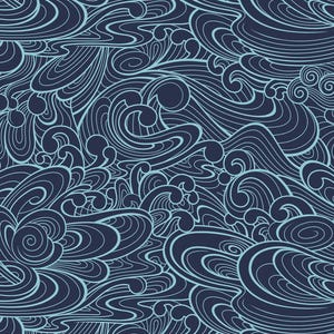 Pode incluir: Padrão contínuo com ondas estilizadas em azul marinho e azul claro. O design tem uma sensação fluida e orgânica, com linhas em espiral e formas arredondadas que criam uma sensação de movimento e profundidade. Adequado para várias aplicações.