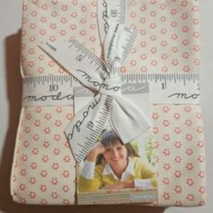 May include: A pack of 10 fat quarters of fabric featuring a white background with small red polka dots. The fabric is packaged with a white ribbon and a label with a woman's face on it.