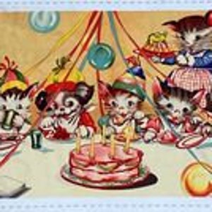 Ruth E's Party Panel (23"x 44") - Kittens and Puppies - Ruth E. Newton - Michael Miller - Retro - 100% Cotton fabric