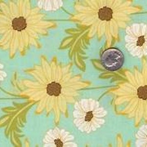 May include: Teal fabric with a repeating pattern of yellow sunflowers and white daisies. The fabric has a subtle green leaf pattern.
