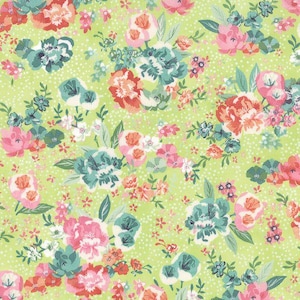 May include: A floral fabric with a light green background and a pattern of pink, coral, and teal flowers. The flowers are of various sizes and shapes, with some having multiple layers of petals. Small white dots are scattered across the background.