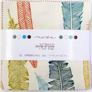 May include: A pack of fabric squares featuring a white background with a repeating pattern of colorful feathers. The fabric squares are labeled "moda NOMAD by URBANCHIC for moda."