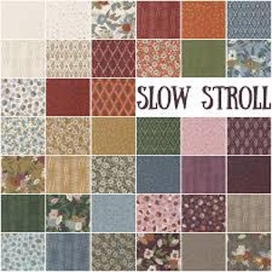 May include: A collection of fabric swatches in various patterns and colors, including floral, geometric, and textured designs. The color palette ranges from cream and beige to red, orange, green, and blue. The text "SLOW STROLL" is displayed in the center.