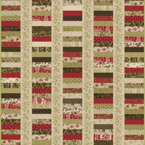 May include: A patchwork quilt with vertical columns of rectangular fabric strips in shades of red, green, cream, and brown. The strips feature floral and solid patterns. The background has a cream color with a repeating bird and floral design.
