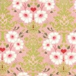 May include: A repeating pattern featuring white flowers with pink centers and red heart accents, set against a pink dotted background. The design includes green, stylized floral and scroll elements, creating a vintage, romantic aesthetic.