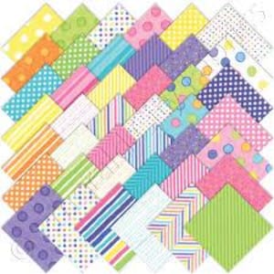 May include: A collection of colorful patterned paper squares in various designs, including polka dots, stripes, and geometric shapes. The papers feature a vibrant palette of yellow, orange, green, blue, pink, and purple.