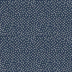 May include: A navy blue fabric with a repeating pattern of small, irregularly shaped white dots. The dots are scattered across the surface, creating a textured appearance. This design is suitable for various craft and sewing projects.