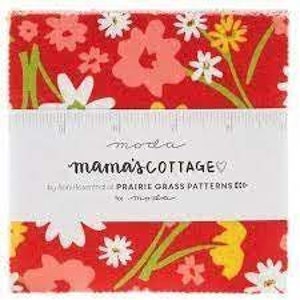 May include: A pack of 5-inch fabric squares featuring a red background with a floral pattern of white, yellow, and pink flowers. The fabric squares are labeled "Mama's Cottage Prairie Grass Patterns" by Moda.