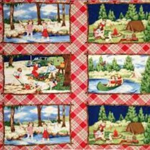 May include: A red and white checkered fabric with a repeating pattern of four scenes depicting a family enjoying outdoor activities in a forest setting. The scenes include fishing, camping, picnicking, and canoeing.