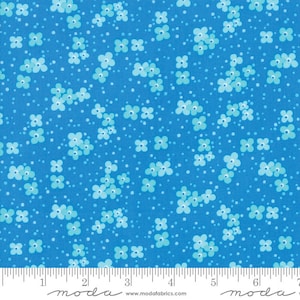 May include: A blue fabric with a white and light blue floral pattern. The fabric is covered in small white dots and features a repeating pattern of small flowers.