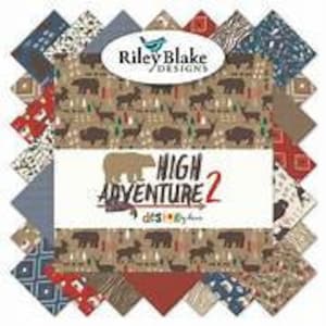 May include: A pack of 42 fabric squares featuring a variety of woodland animal prints, including bears, deer, and buffalo. The fabric squares are in shades of brown, blue, red, and white. The pack is labeled "High Adventure 2" by Riley Blake Designs.