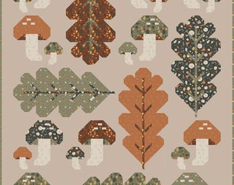 Kit de edredón Forest Fungi de 142 x 175 cm, patrones a lápiz y papel con telas Pumpkin Spice de Riley Blake
