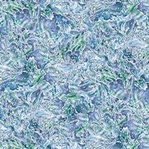May include: A seamless pattern featuring an abstract design in shades of blue, green, and white. The pattern resembles a watery or icy texture, with swirling shapes and subtle highlights. The overall effect is cool and dynamic.
