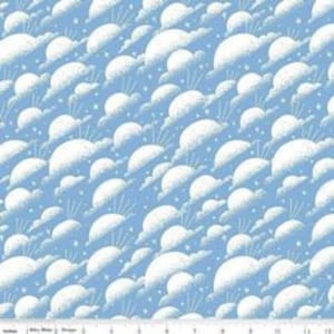 May include: A blue fabric with a white repeating pattern of clouds and stars. The clouds have a sunburst design.