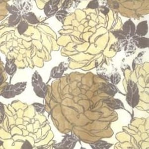 May include: A white background with a pattern of brown and yellow floral designs. The flowers are stylized and have a textured look.