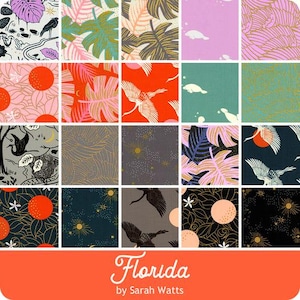 Puede incluir: Una colección de muestras de tela con varios diseños florales y de aves. La paleta de colores incluye rosa, naranja, verde azulado y negro. La palabra "Florida" se muestra en escritura blanca sobre un fondo naranja, con "by Sarah Watts" debajo.