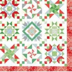 May include: A quilt pattern called "Solstice" by Kate Spain, featuring a patchwork design with red, green, and blue squares and a white background. The quilt is made up of nine different blocks, each with a unique design.