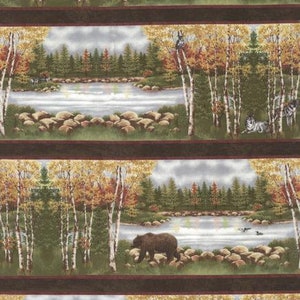 May include: A repeating pattern of a forest scene with a lake, trees, and animals. The scene features a moose, a bear, a wolf, and a deer. The trees are a mix of green and yellow, and the lake is a light blue. The background is a cloudy sky.