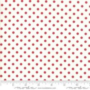 May include: White fabric with a red polka dot pattern. The dots are evenly spaced and are a medium size.