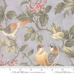 May include: A grey background with a floral pattern featuring green leaves and small red flowers. Three birds are perched on the branches, one is yellow and brown, one is blue and brown, and one is orange and brown.