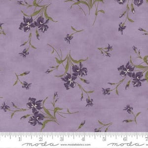 Peut inclure: Tissu lavande avec un motif floral. Le motif présente des grappes d'iris violets avec des accents blancs et des tiges et feuilles vertes. Le tissu est marqué d'une règle en centimètres.