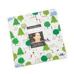 May include: Moda Fabrics 'Playful Escape' fabric collection featuring a white background with green trees, blue skies, and colorful figures playing in a park. The fabric is designed by Lella Boutique.