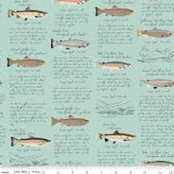 By the 1/2 yard - Gone Camping - Trout - Paper - Teal - Riley blake Designs - Outdoor fishing cotton quilting fabric