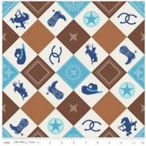 May include: A white background with a brown and blue checkered pattern. The pattern is made up of various cowboy-themed images, including horses, boots, hats, stars, and horseshoes.