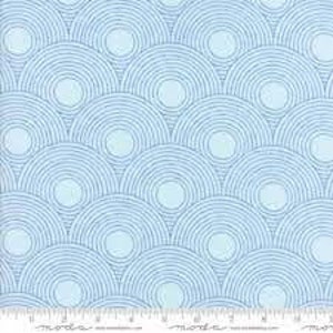 May include: Light blue fabric with a repeating pattern of concentric circles. The circles are outlined in a darker blue and have a white center.